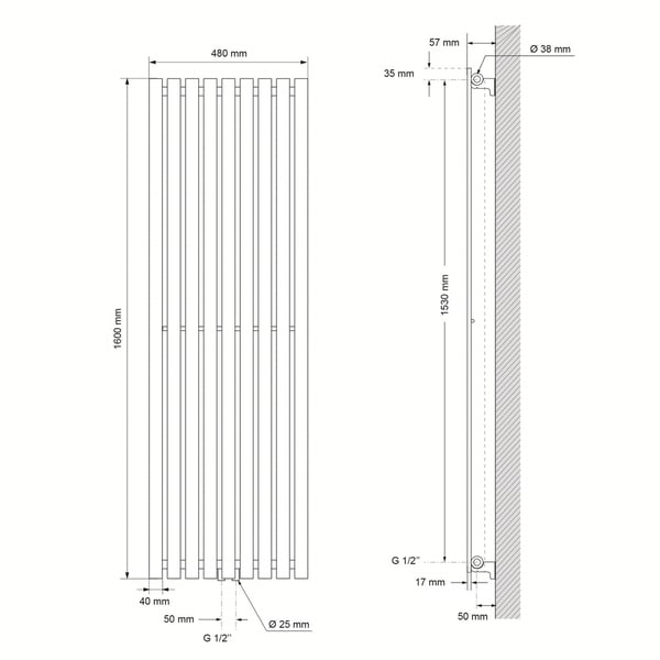 Badeværelsesradiator Stella 480x1600 mm sort mat LuxeBath