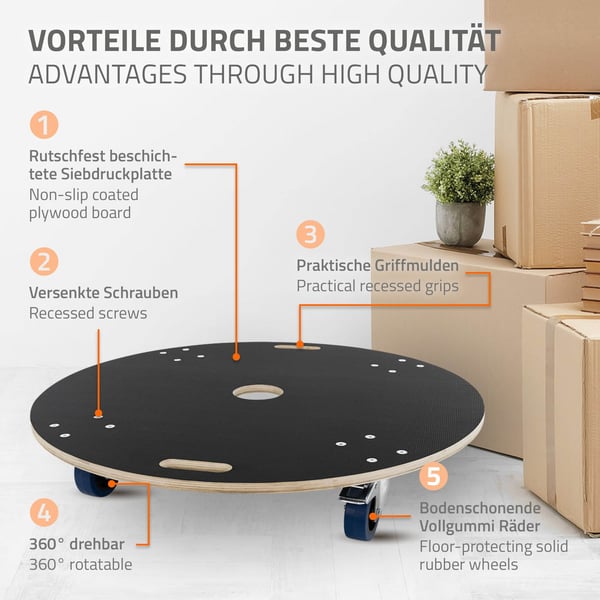 Rund transportvogn med parkeringsbremser Ø 87 cm belastbar op til 800 kg