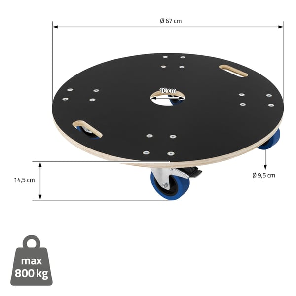 Rund transportvogn med parkeringsbremser Ø 67 cm belastbar op til 800 kg
