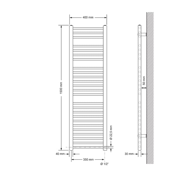 Badeværelsesradiator Radiator Sahara håndklædevarmer med sidetilslutning hvid 40x150cm
