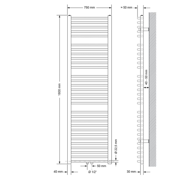 Badeværelsesradiator Radiator Sahara centertilslutning håndklædevarmer hvid 750x1800 mm