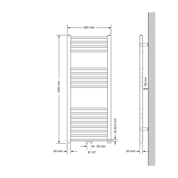 Badeværelsesradiator Sahara 500x1200 mm hvid lige med centertilslutning LuxeBath