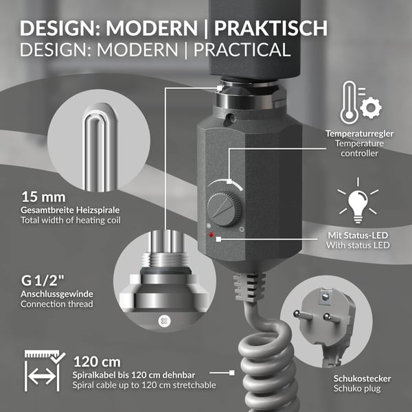 Badeværelsesradiator elektrisk med varmeelement 900W 500x1500 mm antracit buet med sidetilslutning