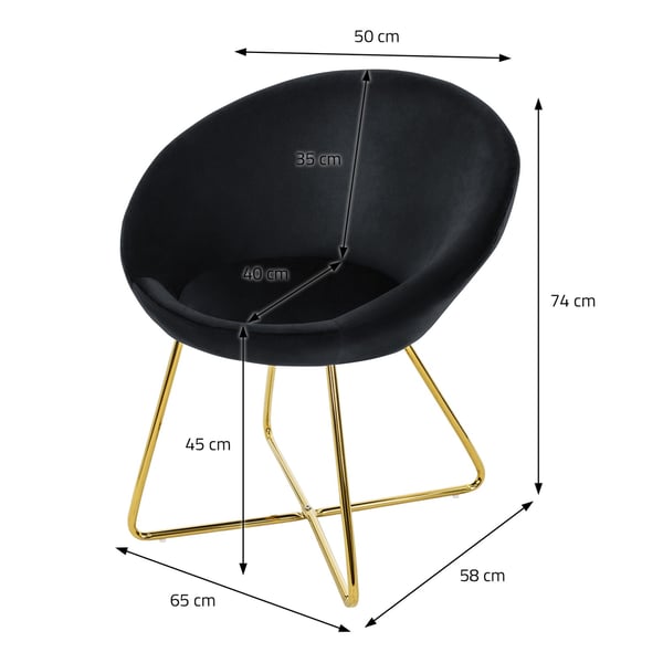 Spisebordsstol med rundt ryglæn i sort fløjl med gyldne metalben ML-design