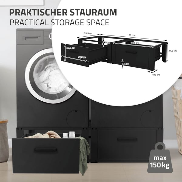 Sæt med 2 vaskemaskinebunde med udtræksskuffer i sort stål ML-design