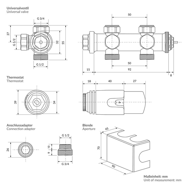 Ventil Armaturen Set Multiblock Weiß Universal inkl. Termostathoved LuxeBath
