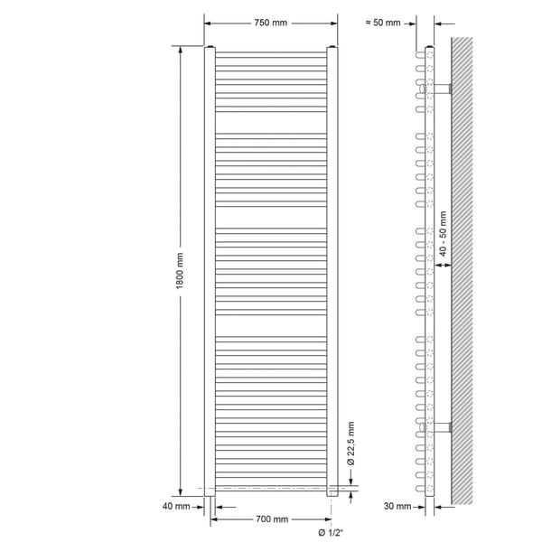 Håndklæderadiator med opvarmning element 1200 W ECD Germany model Sahara 750 x 1800 mm hvid bøjet side port håndklædeholder