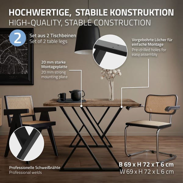 Bordben sæt med 2 X-formede 69x72 cm sort stål ML-design