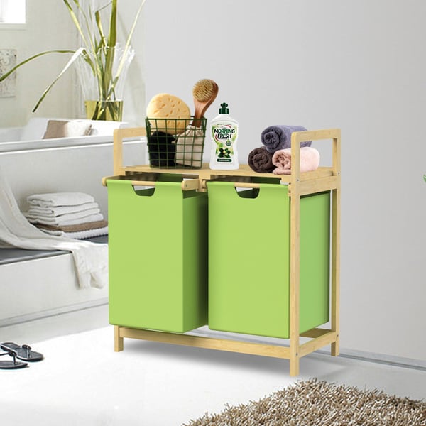 Pyykkikori kahdella ulosvedettävällä pyykkipussilla Olive 2x30 litraa Bambupuurunko ML design