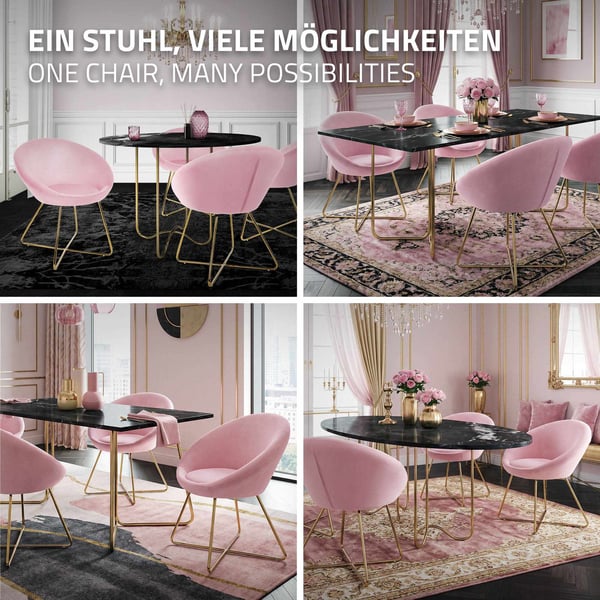 Matstol med runt ryggstöd i rosa sammet med gyllene metallben ML-design