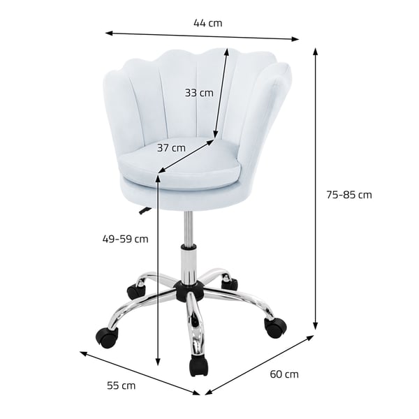 Kontorstol med hjul og ryglæn skaldesign 55x60 cm lyseblå fløjl metalstel ML-design