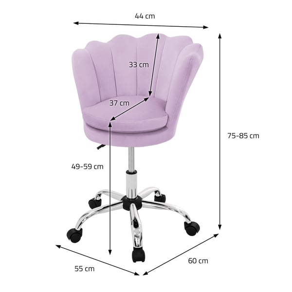 Kontorstol med hjul og ryglæn skaldesign 55x60 cm lilla fløjl metalstel ML-design