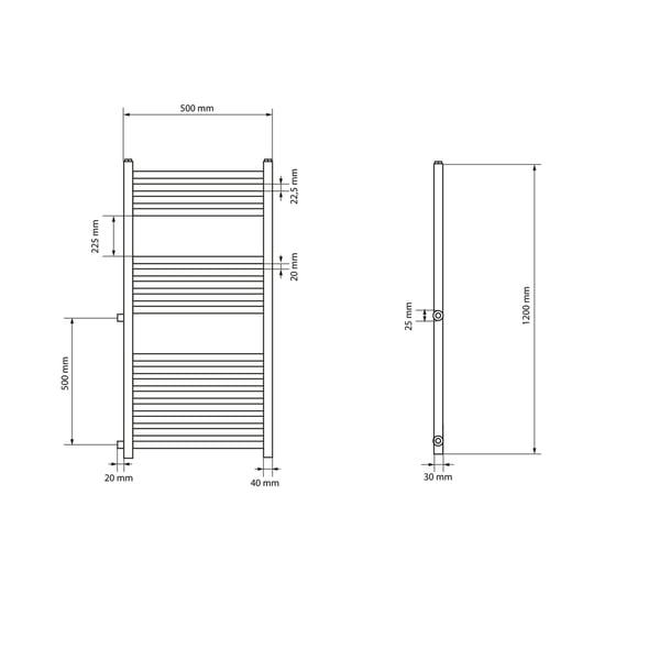 Badeværelsesradiator 500x1200 mm hvid lige med sidetilslutning LuxeBath