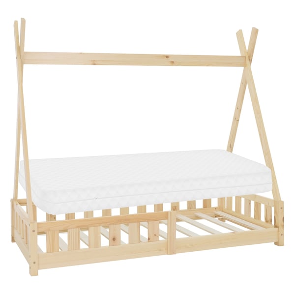 ML-Design Lastensänky Tipi 80x160 cm luonnonvärinen patjalla; sängynreunus ja sälepohja; mänty puusta valmistettu; intiaanisänky massiivipuuta