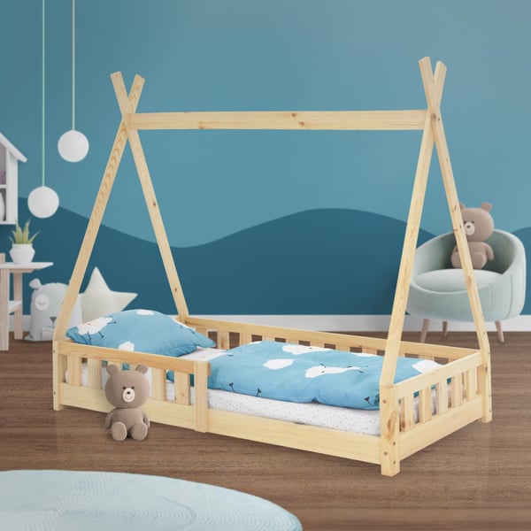 ML-Design Barnsäng Tipi 80x160 cm Natur med madrass; fallskydd och ribbotten; av tallträ; Massivt träindianbädd för flickor och pojkar; husbädd med