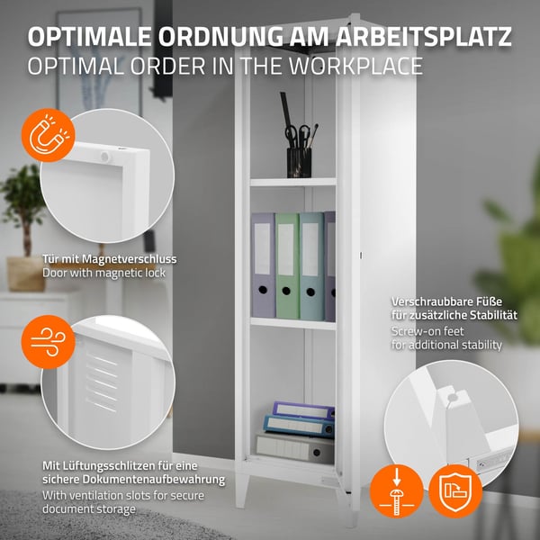 Arkivskab skab 1-dørs 38x38x137,5 cm hvid stål ML design