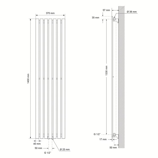 Badeværelsesradiator Lodret med centertilslutning 370x1400 mm Hvid LuxeBath