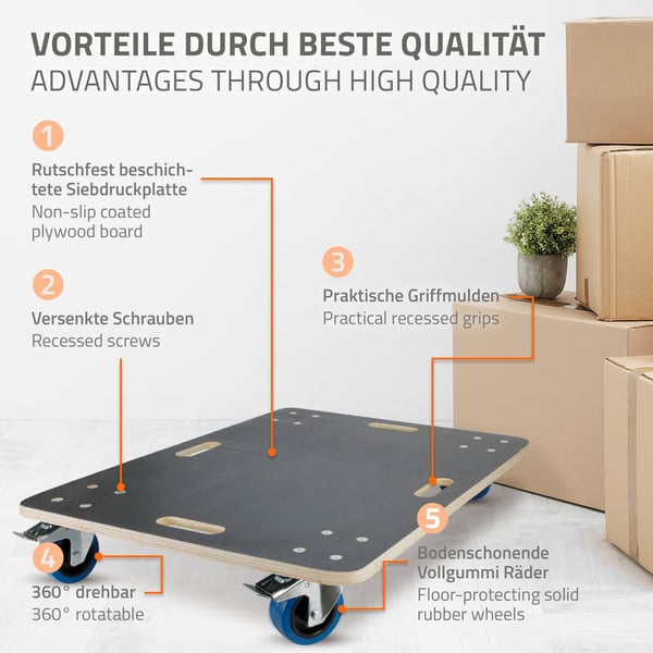 ECD Germany transportrulle med 2x parkeringsbremse 60 x 80 cm op til 800 kg silketrykplade - PP hjul rulletavle møbler rulle transporthjælp til at