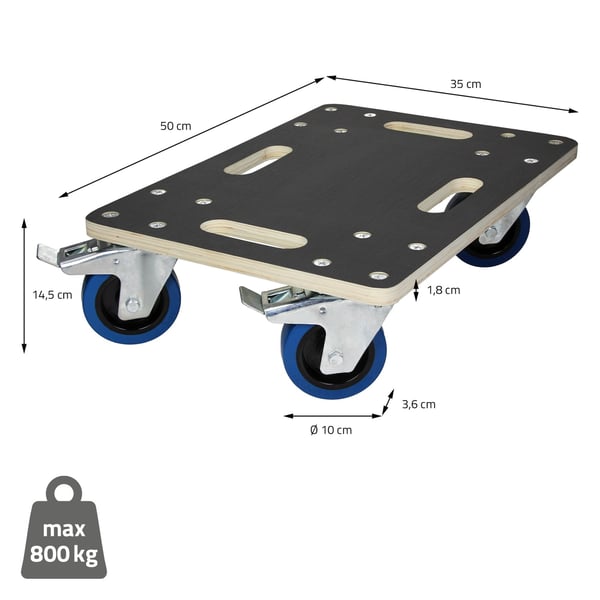 ECD Germany transportrulle med 2x parkeringsbremse 35 x 50 cm op til 800 kg silketrykplade - PP hjul rulletavle møbler rulle transporthjælp til at