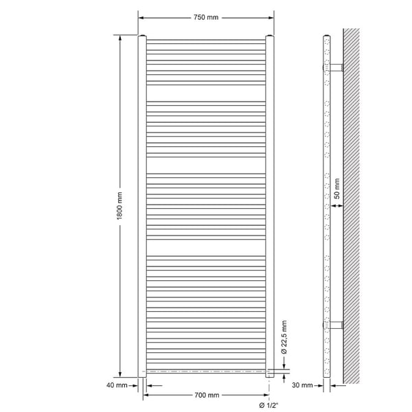Opvarmet håndklæde radiator med opvarmning element 1200 W ECD Germany Model Sahara 750 x 1800 mm hvid lige sidetilslutning håndklædeholder