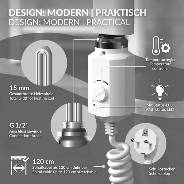 Opvarmet håndklæde radiator med opvarmning element 900 W ECD Germany Model Sahara 750 x 1800 mm hvid lige sidetilslutning håndklædeholder