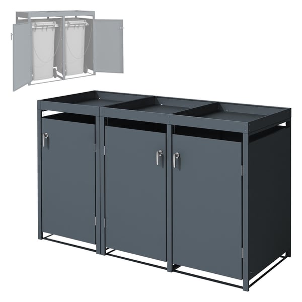 ML-Design affaldsspand 3er med plantetag til 3 affaldsspande, 240L 200x80x124cm antracit, stål, vejrbestandig, aflåseligt affaldsspandsdæksel med