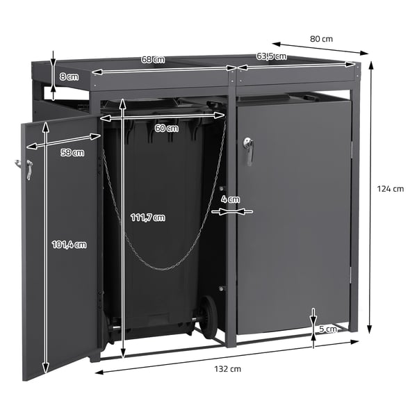 ML-Design soptunna 4er med planteringstak för 4 soptunnor, 240L 264x80x124cm antracit, stål, väderbeständig, låsbart soptunnelock med dörr, soptunna