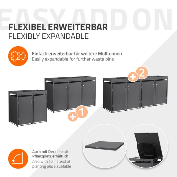 ML-Design soptunna 4er med planteringstak för 4 soptunnor, 240L 264x80x124cm antracit, stål, väderbeständig, låsbart soptunnelock med dörr, soptunna