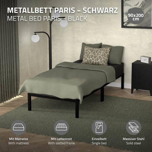 ML-Design metalseng 90x200 cm på stålramme med madras H:16cm, lamelbund, sort, metalsengeramme, robust, seng til børne-, teenage- og voksenværelse,