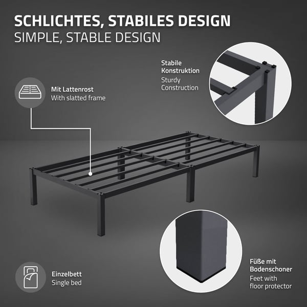 ML-Design metalseng 90x200 cm på stålramme med madras H:16cm, lamelbund, antracit, sengeramme af metal, robust, seng til børneværelse, ungdomsseng,
