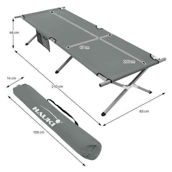 Campingseng Sammenklappelig campingseng 210x83x46 cm Grå med bæretaske op til 150 kg HAUKI