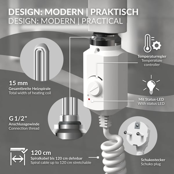 Varmeelement 1200W hvid med termostat til badeværelsesradiatorer