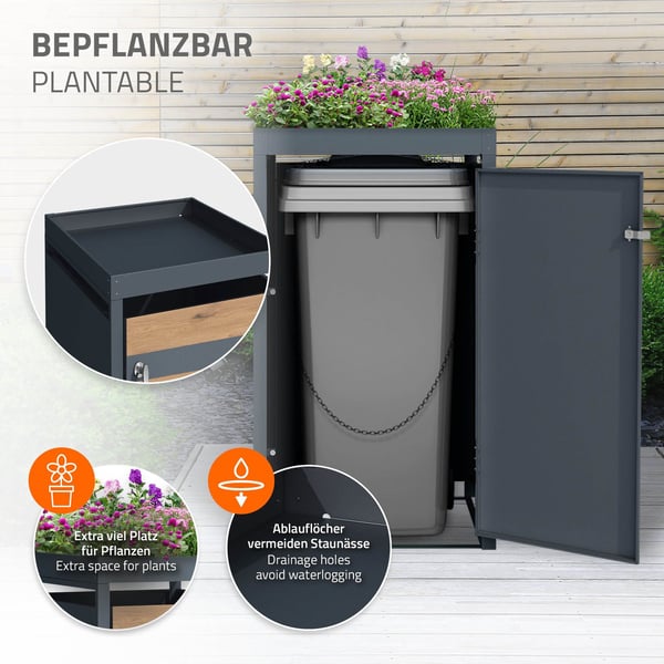Affaldsspand med plantetag til 1 spand op til 240L 68x80x124 cm stål i egetræslook ML-design