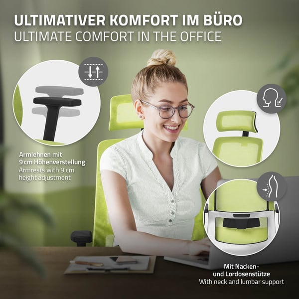 Ergonomisk kontorstol i grønt netstof med justerbare armlæn og nakkestøtte ML-design