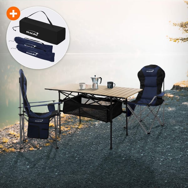 Campingset 3-delat med hopfällbart bord beige och 2 campingstolar blå HAUKI