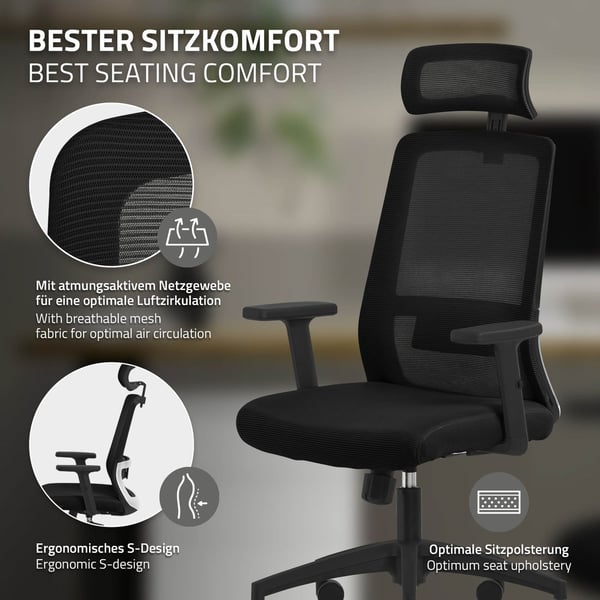 Ergonomisk kontorstol i sort mesh-stof med justerbare armlæn og nakkestøtte ML-design