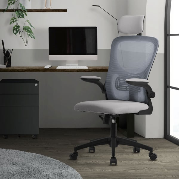 Ergonominen toimistotuoli harmaa verkkokangas, säädettävä niskatuki ja pyörät ML-muotoilu