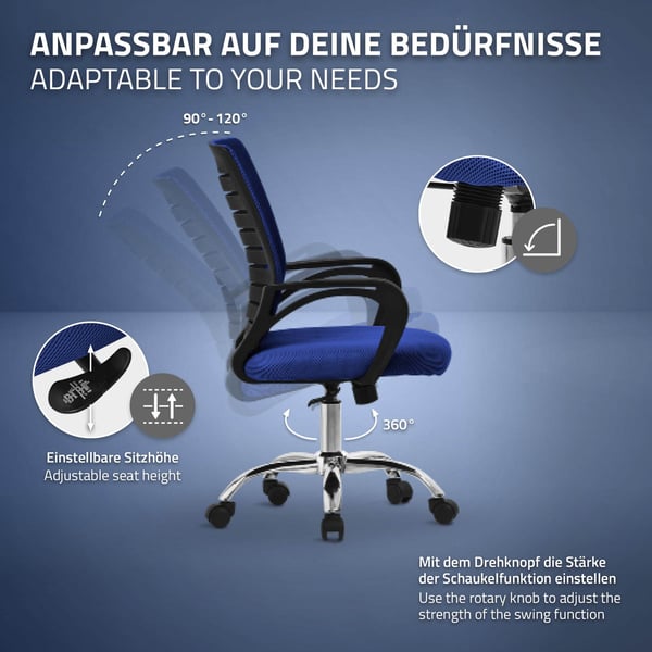 Ergonominen toimistotuoli käsinojilla Mesh-kangas sininen, jossa on pyörät ML-muotoilu
