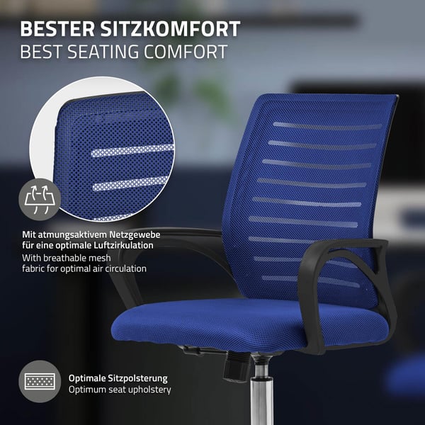 Ergonominen toimistotuoli käsinojilla Mesh-kangas sininen, jossa on pyörät ML-muotoilu
