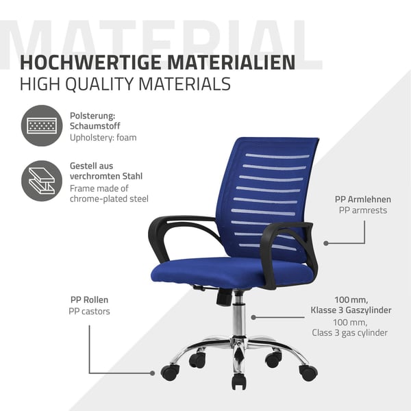 Ergonominen toimistotuoli käsinojilla Mesh-kangas sininen, jossa on pyörät ML-muotoilu