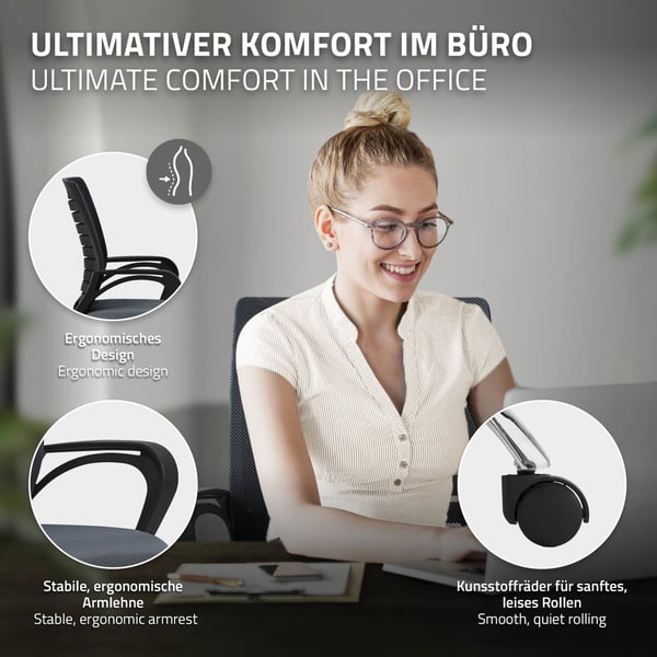 Ergonomisk kontorstol med armlæn Mesh stof grå med hjul ML design
