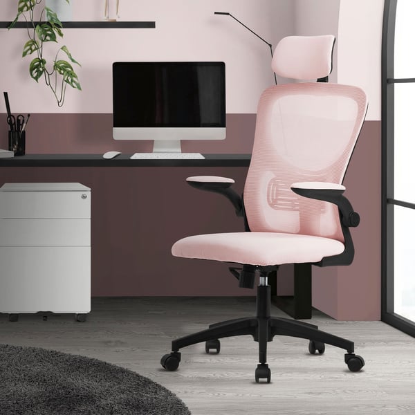 Ergonomisk kontorstol i pink mesh-stof med justerbar nakkestøtte og hjul ML-design
