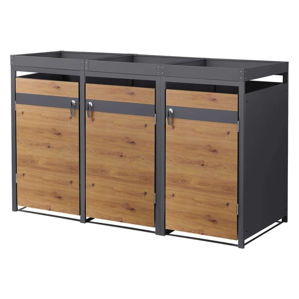 Papperskorgsbox med planteringstak för 3 kärl upp till 240 liter 200x80x124 cm stål i eklook ML-design