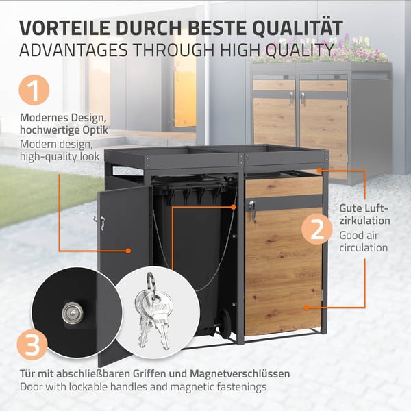Papperskorgsbox med planteringstak för 3 kärl upp till 240 liter 200x80x124 cm stål i eklook ML-design