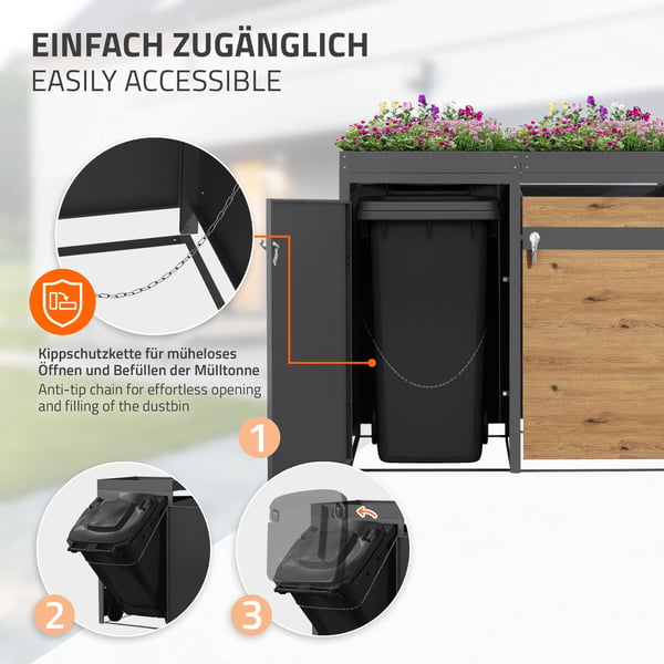 Papperskorgsbox med planteringstak för 3 kärl upp till 240 liter 200x80x124 cm stål i eklook ML-design