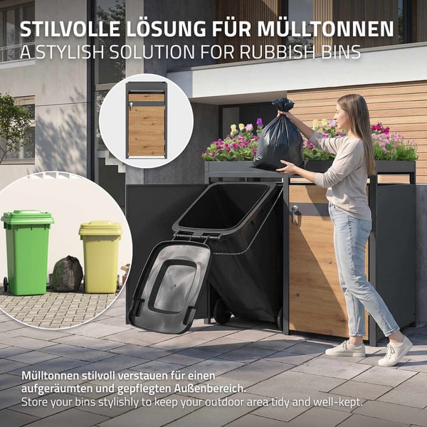 Papperskorgsbox med planteringstak för 3 kärl upp till 240 liter 200x80x124 cm stål i eklook ML-design
