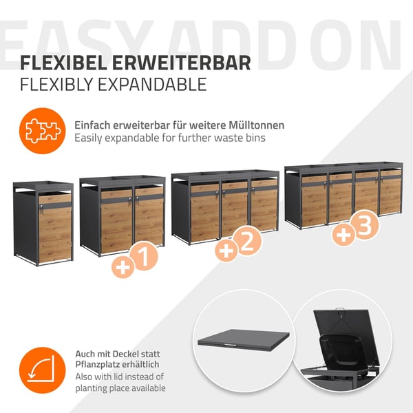 Papperskorgsbox med planteringstak för 3 kärl upp till 240 liter 200x80x124 cm stål i eklook ML-design