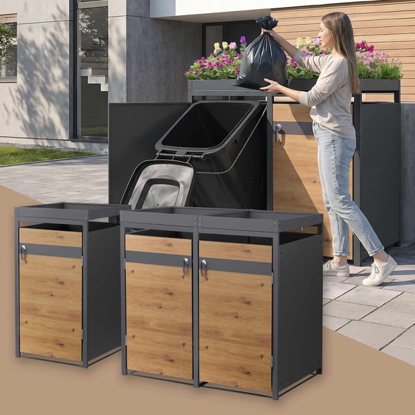 Papperskorgsbox med planteringstak för 3 kärl upp till 240 liter 200x80x124 cm stål i eklook ML-design