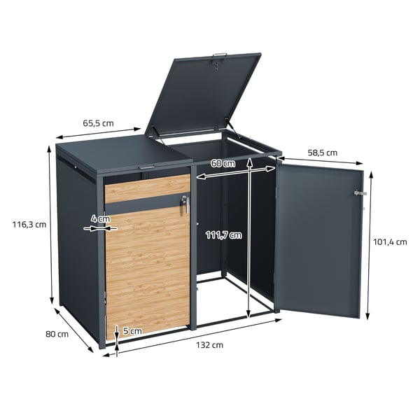 Affaldsspand til 3 spande op til 240L 200x80x116,3 cm antracit/lærk-look stål ML-design
