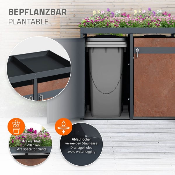 Affaldsspand med plantetag til 3 spande op til 240L 200x80x124 cm rust-look stål ML-design